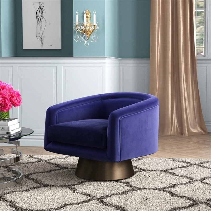 Pangea Home Audrina Swivel Velvet & Metal Lounge Chair in Brass & Navy