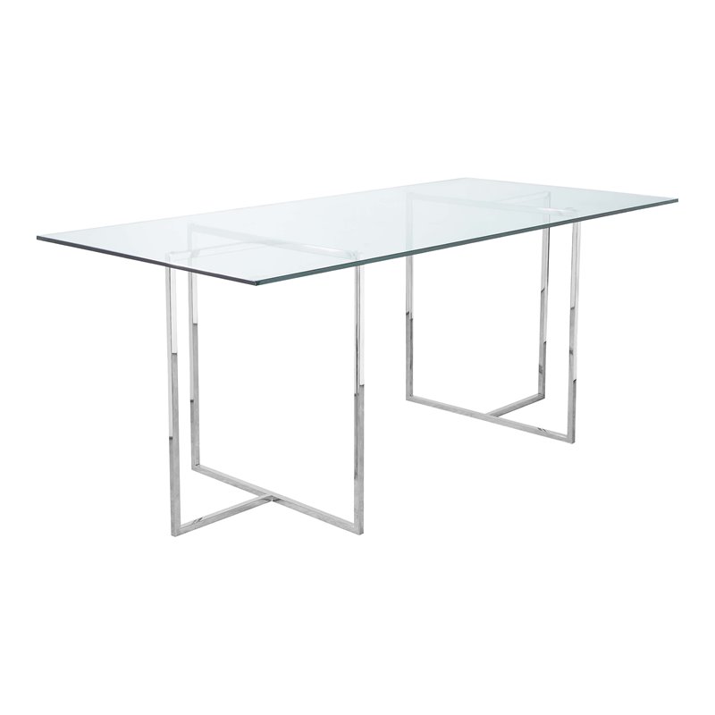 Pangea Home Adonis Modern Tempered Glass & Polished Steel Dining Table in Clear