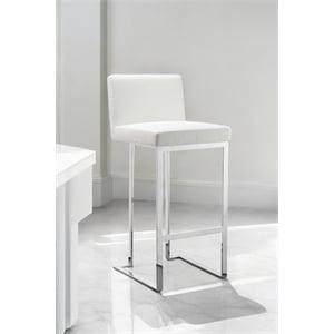 Pangea Home Dexter 30&quot Modern Faux Leather & Polished Steel Bar Stool in White