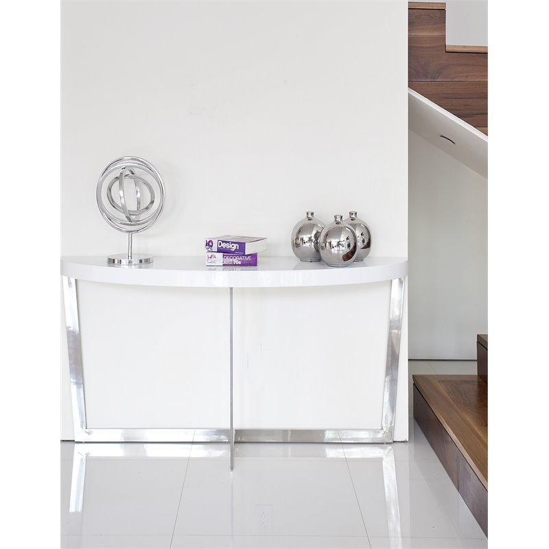 Pangea Home Oyster Modern Gloss Lacquer & Steel Metal Console Table in White