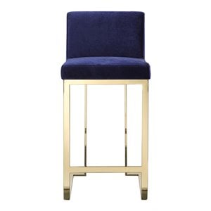 Pangea Home Dexter 26&quot Modern Velvet & Polished Steel Counter Stool in Navy/Gold