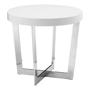 Pangea Home Oyster Gloss Lacquer & High Polished Steel Metal Side Table in White