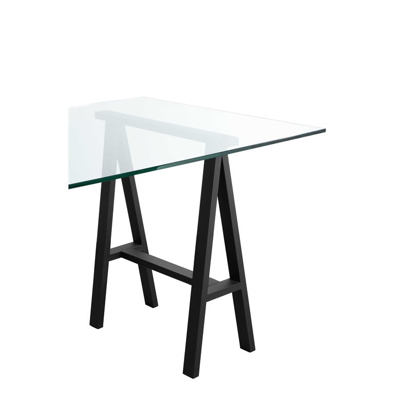 Pangea Home Brady Polished Steel Metal & Glass Desk in Black Frame/Clear Top