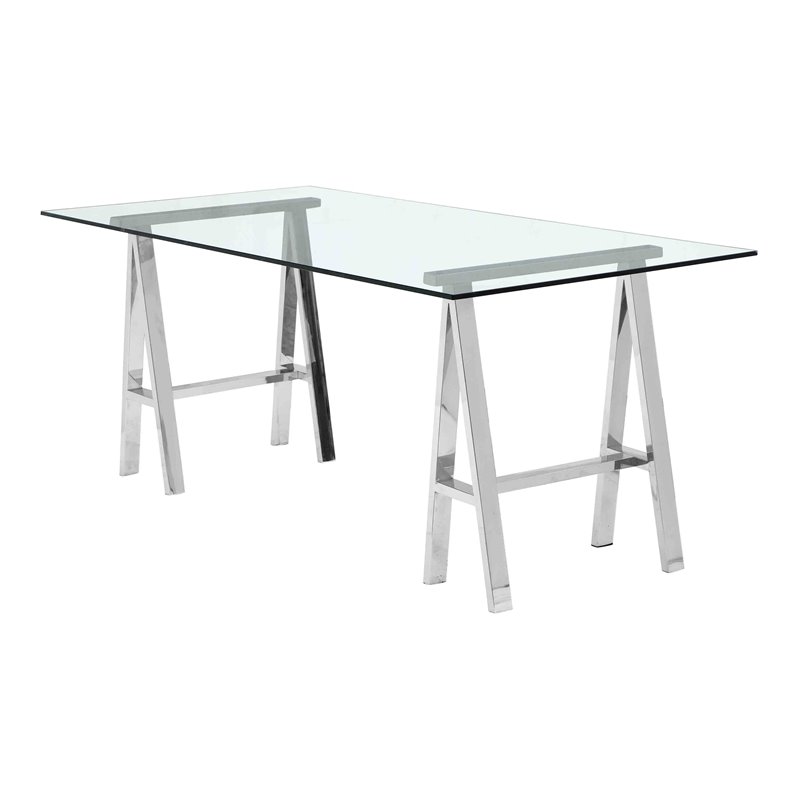 Pangea Home Brady Modern Polished Steel Metal and Tempered Glass Desk in Clear