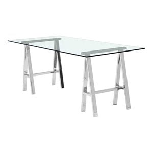Pangea Home Brady Modern Polished Steel Metal and Tempered Glass Desk in Clear