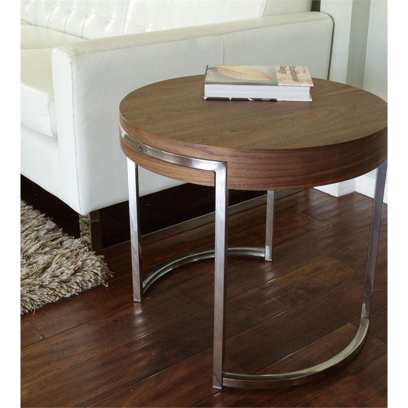 Pangea Home Riso Modern Wood Veneer & High Polished Steel Side Table in Walnut