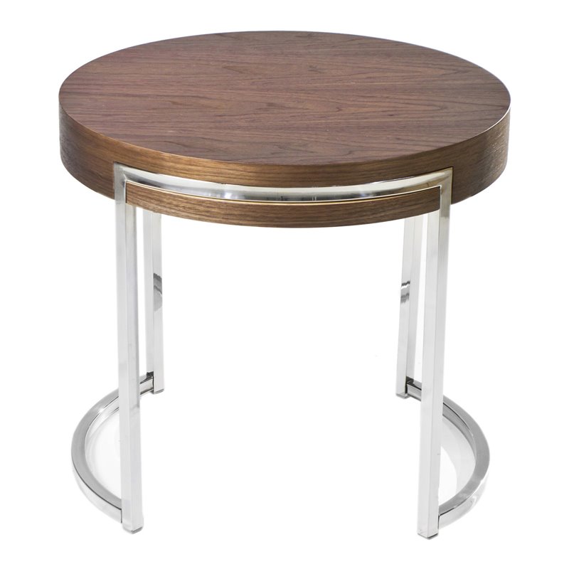 Pangea Home Riso Modern Wood Veneer & High Polished Steel Side Table in Walnut