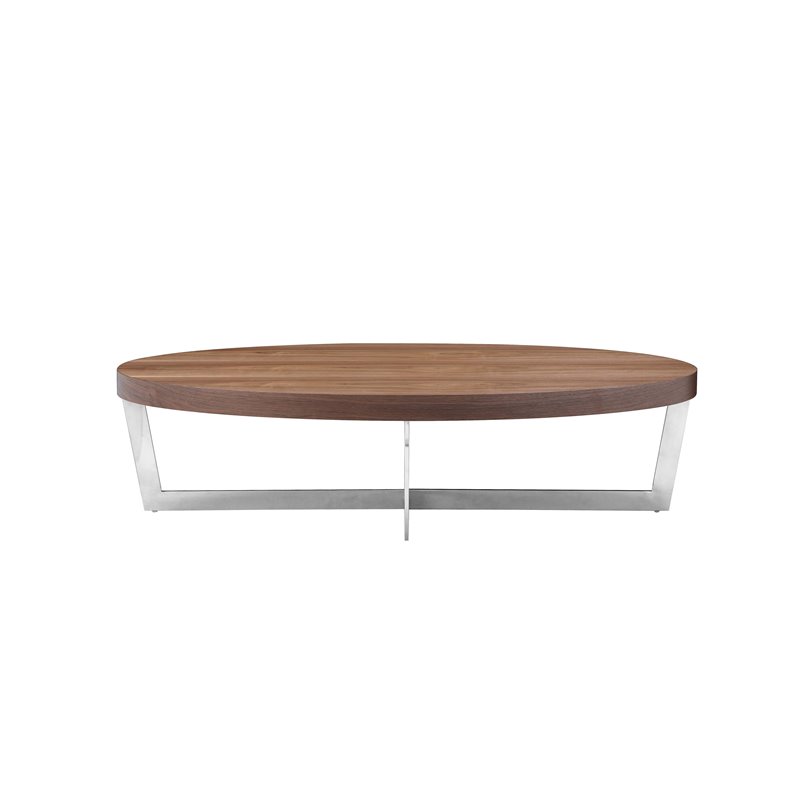 Pangea Home Oyster Modern Wood Veneer & Polished Steel Coffee Table in Walnut