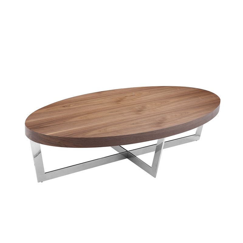 Pangea Home Oyster Modern Wood Veneer & Polished Steel Coffee Table in Walnut