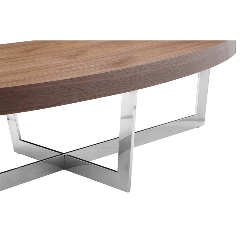 Pangea Home Oyster Modern Wood Veneer & Polished Steel Coffee Table in Walnut