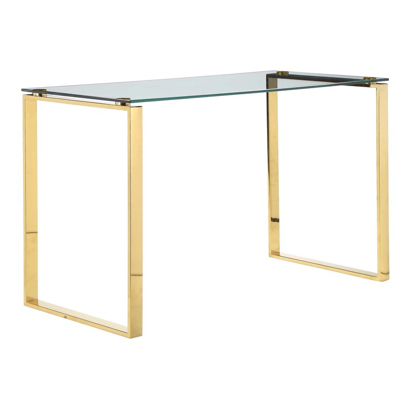 Pangea Home Helen Modern High Polished Steel Metal & Tempered Glass Desk in Gold