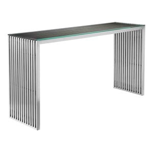 Pangea Home Lux Modern Brushed Steel Metal and Glass Console Table in Silver