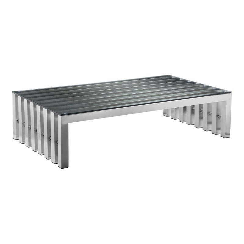 Pangea Home Vlad Rectangle Brushed Metal Coffee Table in Silver