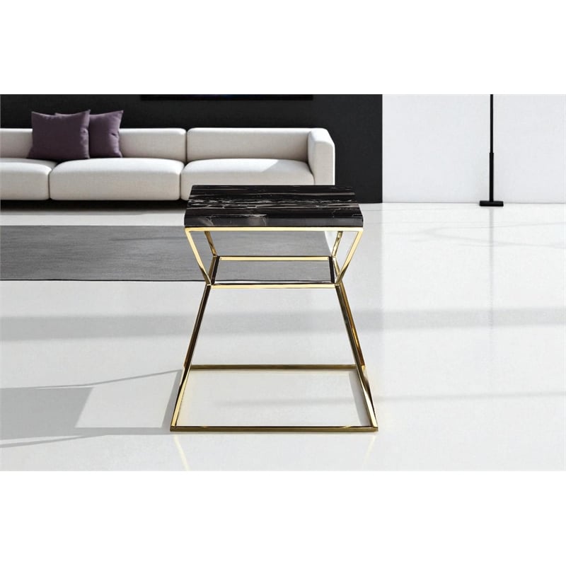 Pangea Home Geo Modern Marble & Steel Side Table in Black & Gold