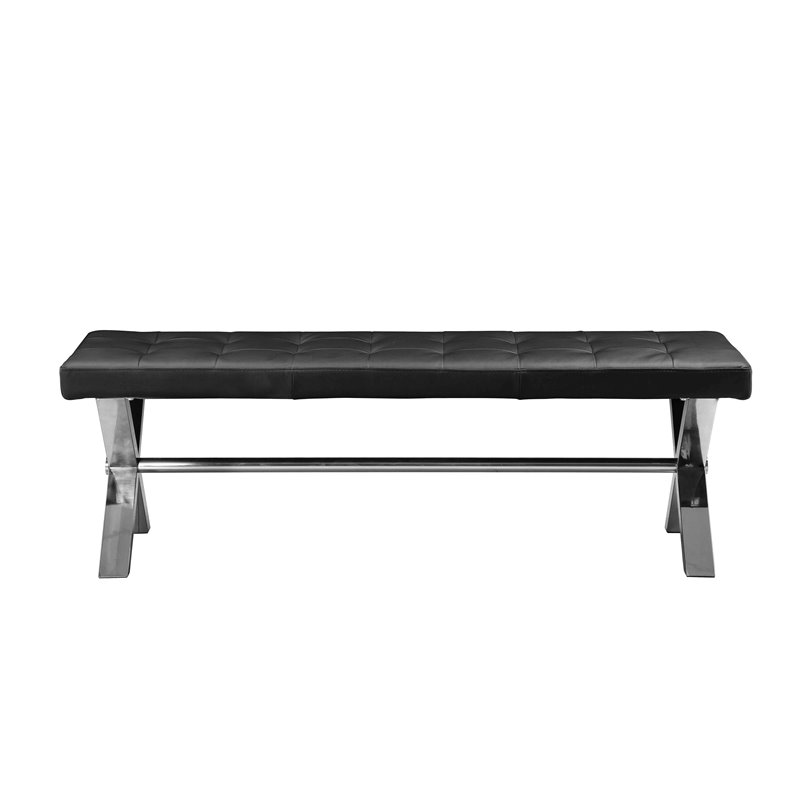 Pangea Home Beverly Modern Faux Leather & High Polished Steel Bench in Black