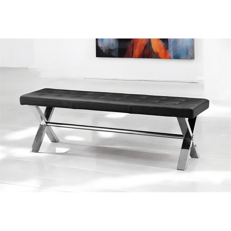 Pangea Home Beverly Modern Faux Leather & High Polished Steel Bench in Black