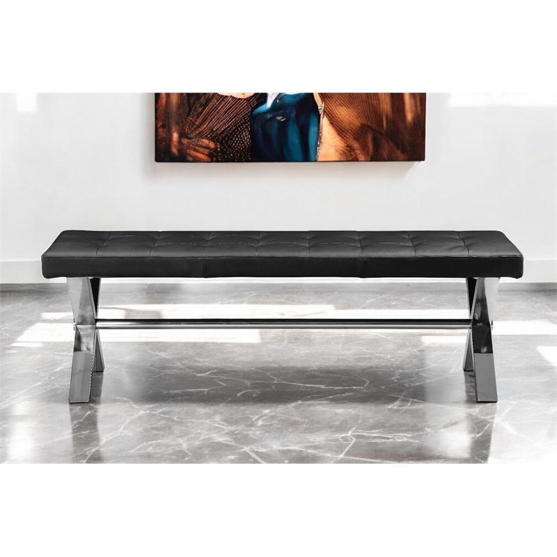 Pangea Home Beverly Modern Faux Leather & High Polished Steel Bench in Black