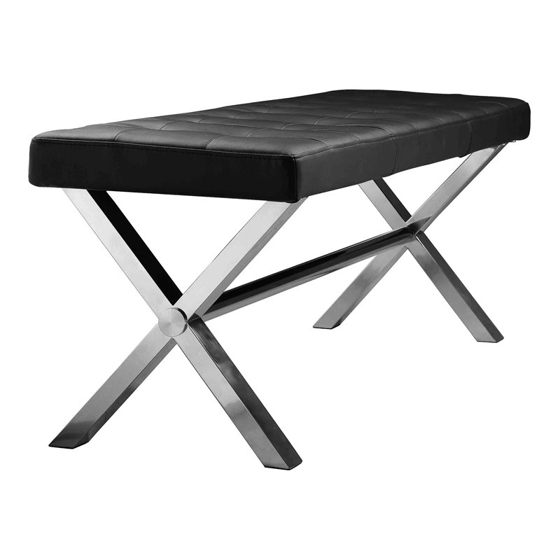 Pangea Home Beverly Modern Faux Leather & High Polished Steel Bench in Black