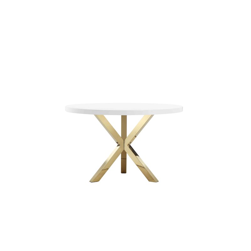 Pangea Home Remi Gloss Lacquer & Polished Steel Metal Dining Table in White/Gold