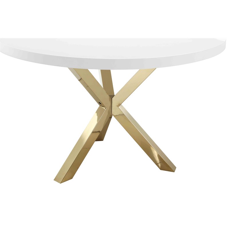 Pangea Home Remi Gloss Lacquer & Polished Steel Metal Dining Table in White/Gold