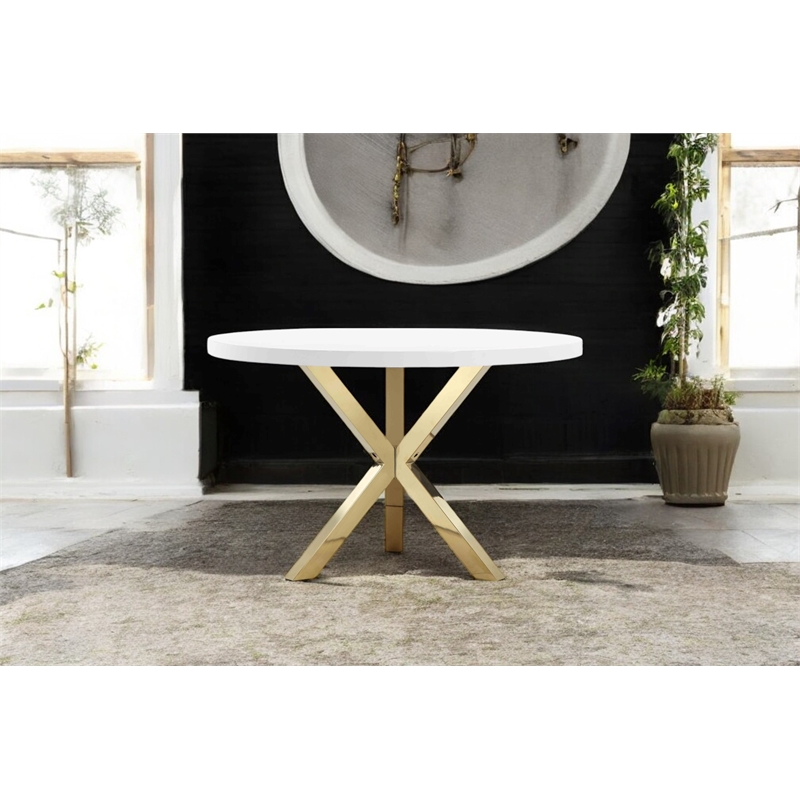 Pangea Home Remi Gloss Lacquer & Polished Steel Metal Dining Table in White/Gold