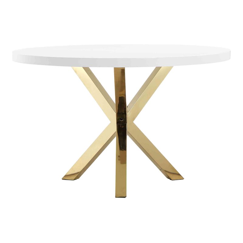 Pangea Home Remi Gloss Lacquer & Polished Steel Metal Dining Table in White/Gold