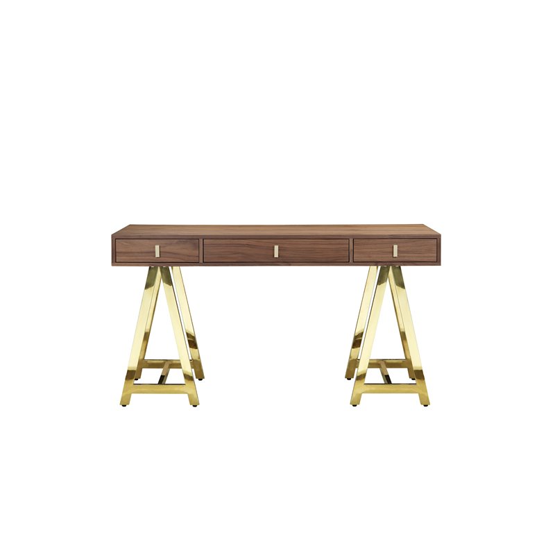 Pangea Home Riley Modern Wood Veneer and Steel Desk in Walnut/Gold