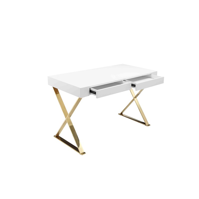 Pangea Home Alexa Gloss Lacquer & High Polished Steel Metal Desk in White/Gold