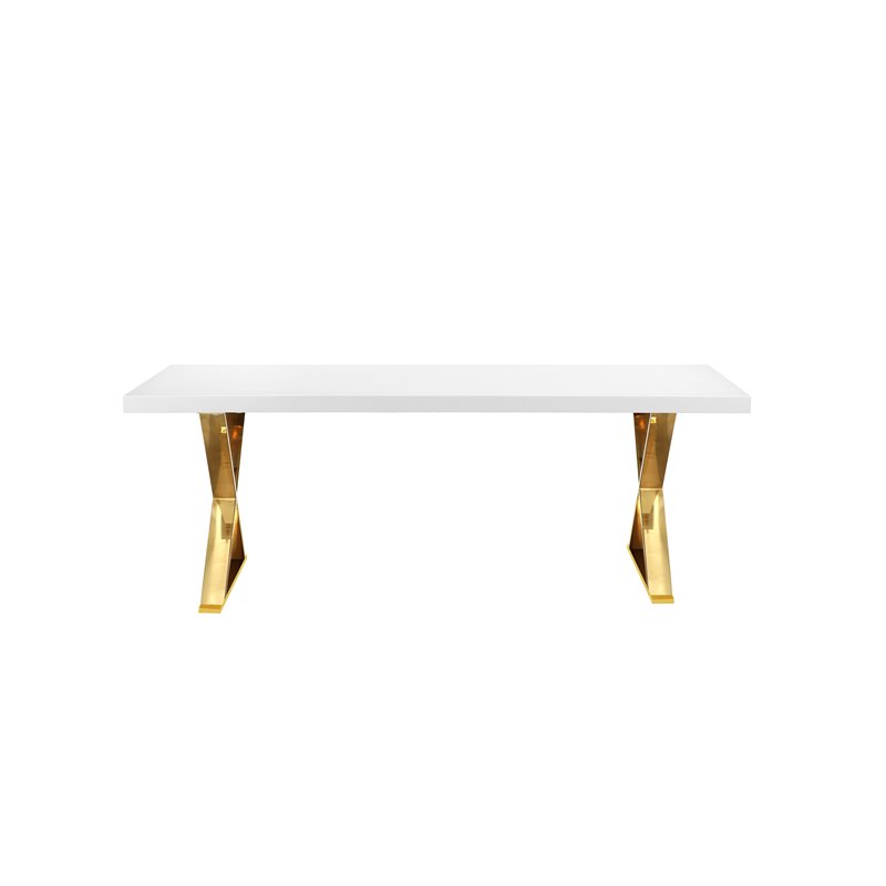Pangea Home Alexa Lacquer & High Polished Steel Metal Dining Table in White/Gold