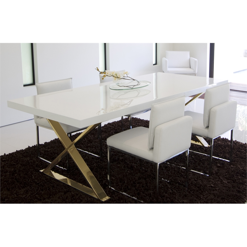 Pangea Home Alexa Lacquer & High Polished Steel Metal Dining Table in White/Gold