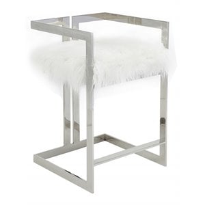 Pangea Home Kenzie 23.6&quot Stainless Steel & Faux Fur Counter Stool in White