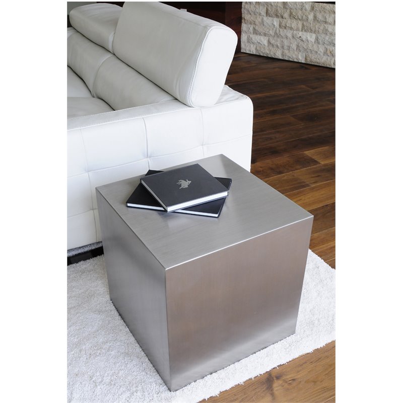 Pangea Home Spenser Cubix Tall Brushed Metal Side Table in Silver