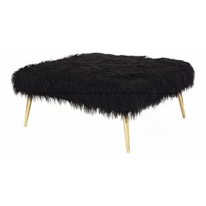 Pangea Home Lammy 17&quot Metal & Faux Fur Square Ottoman in Black/Gold