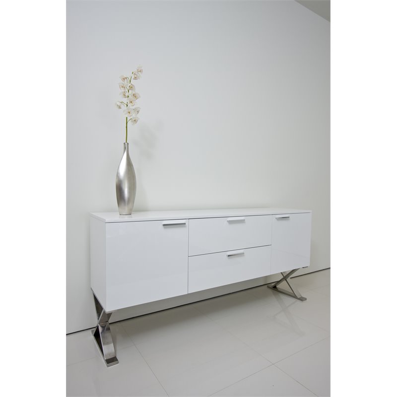 Pangea Home Alexa Modern Gloss Lacquer & Polished Steel Metal Buffet in White