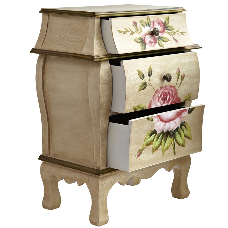 Nearly Natural 3-Drawer Antique Night Stand with Floral Art in Beige