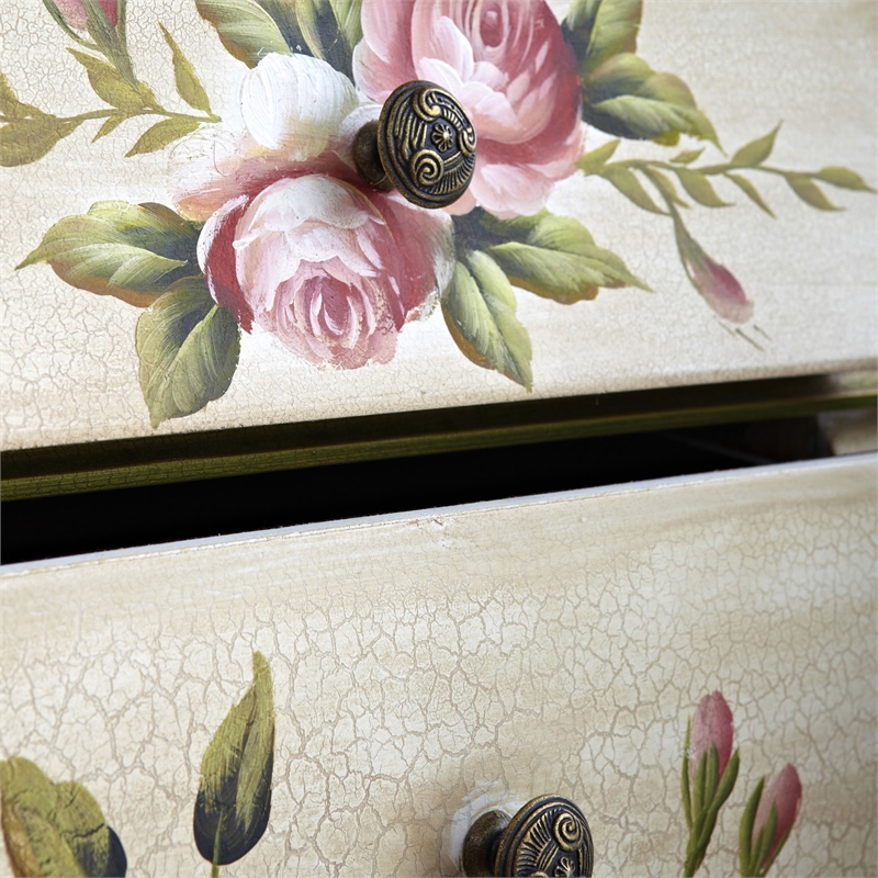 Nearly Natural 3-Drawer Antique Night Stand with Floral Art in Beige