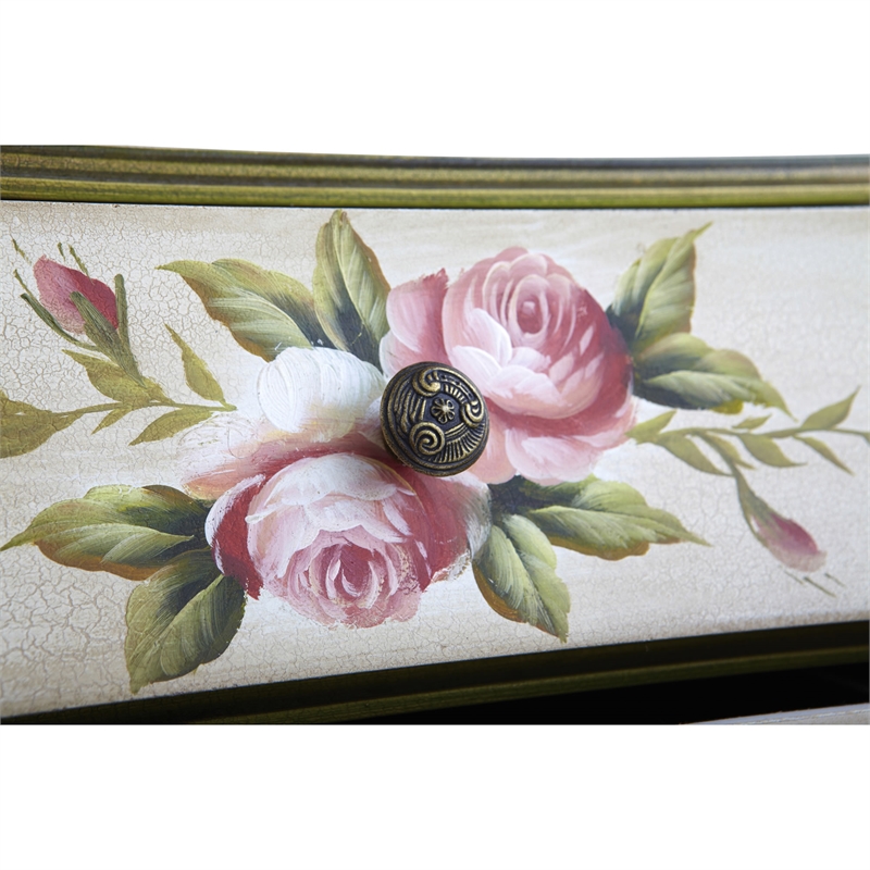 Nearly Natural 3-Drawer Antique Night Stand with Floral Art in Beige