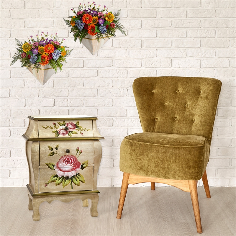 Nearly Natural 3-Drawer Antique Night Stand with Floral Art in Beige
