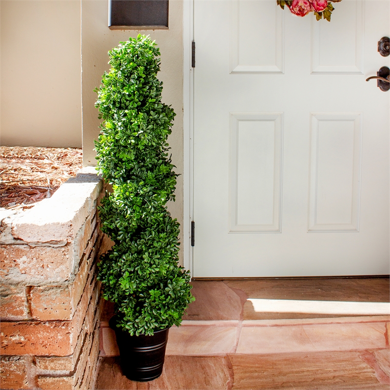 Nearly Natural Indoor/Outdoor Boxwood Spiral Topiary with Planter in Green/Gray