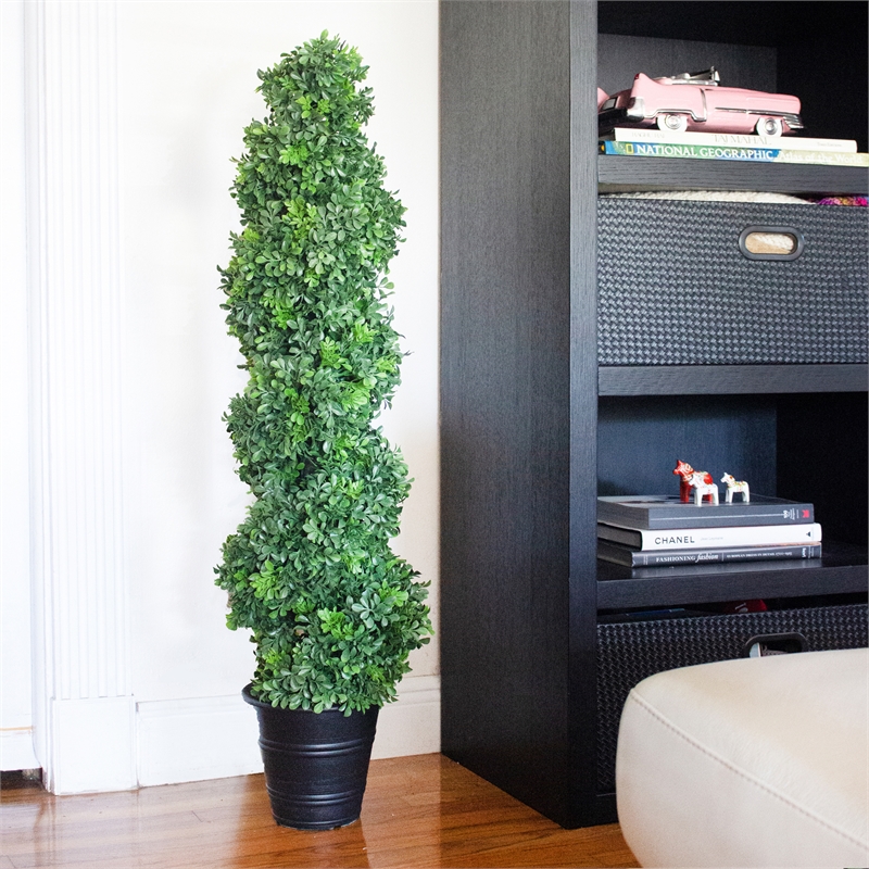 Nearly Natural Indoor/Outdoor Boxwood Spiral Topiary with Planter in Green/Gray