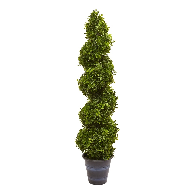Nearly Natural Indoor/Outdoor Boxwood Spiral Topiary with Planter in Green/Gray