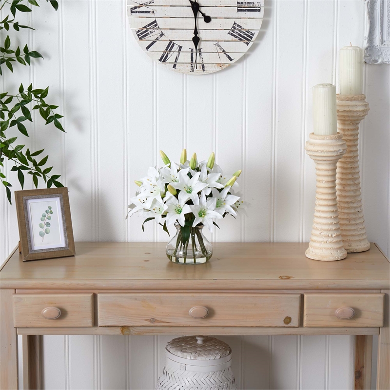 Nearly Natural Lily Silk Arrangement with Glass Vase in White/Clear