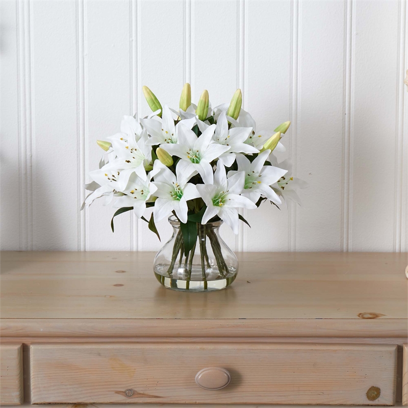Nearly Natural Lily Silk Arrangement with Glass Vase in White/Clear