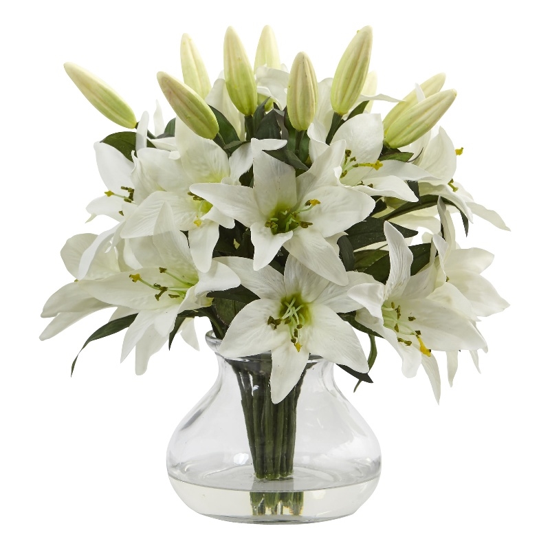 Nearly Natural Lily Silk Arrangement with Glass Vase in White/Clear
