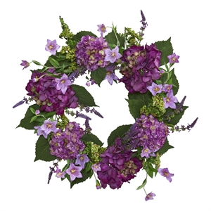 Nearly Natural 24&quot Hydrangea Artificial Wreath with Lush Leaves in Dark Purple