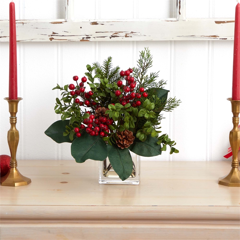 Nearly Natural Berry/Pine and Boxwood Artificial Arrangement in Red/Clear