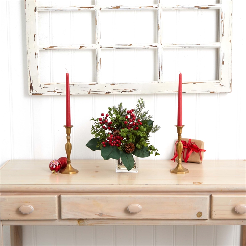 Nearly Natural Berry/Pine and Boxwood Artificial Arrangement in Red/Clear