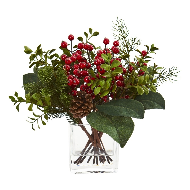 Nearly Natural Berry/Pine and Boxwood Artificial Arrangement in Red/Clear