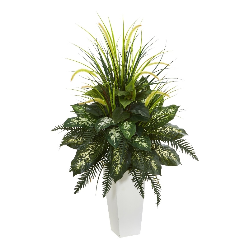 Mixed River Fern and Dog tail Artificial Plant in White Tower Planter