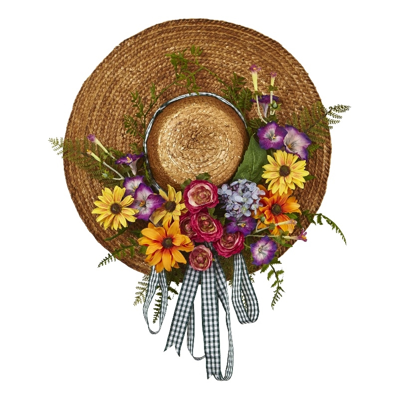 Nearly Natural Mixed Flower Hat Wreath with with Gingham Ribbon in Multi-Color